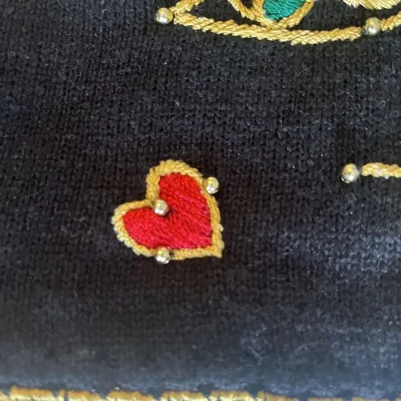 Vintage 1998 Michael Simon Christmas Cardigan Womens L Black Gold Trim Beaded - Picture 9 of 14